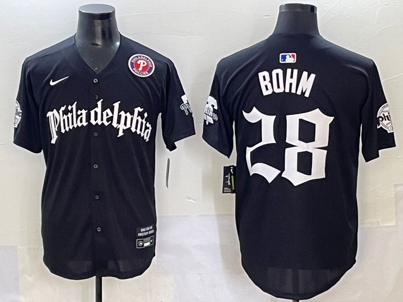 Men 2025 Philadelphia Phillies #28 Bohm Black Five generations Joint Name Nike MLB Jersey style 5